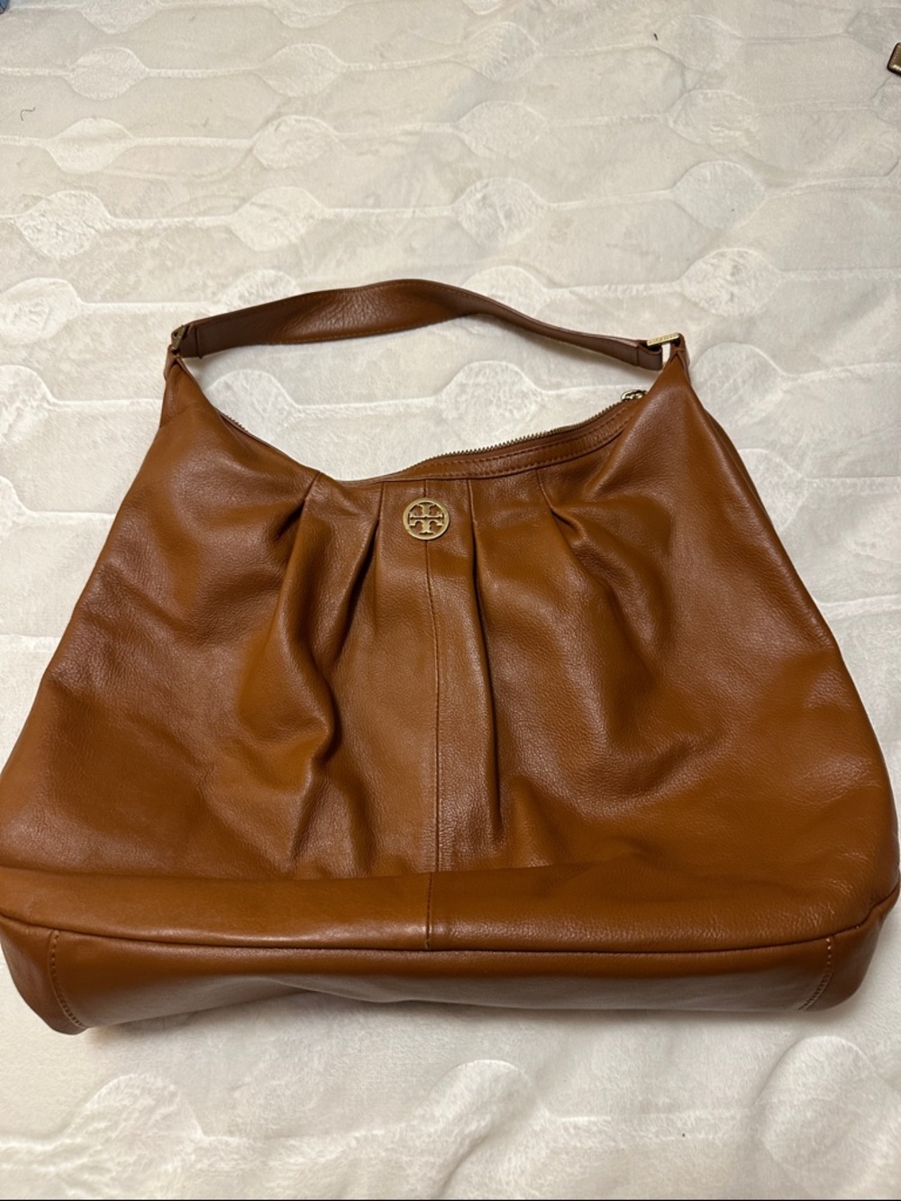 Tory Burch Cognac Leather Shoulder Hobo with Gold Logo